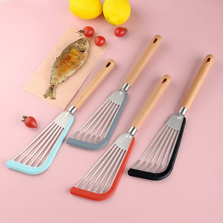 

Qianha Mall Hollow Oil Filter Hanging Hole Wooden Handle Stainless Steel Frying Spatula Silicone Edge Non-stick Pan Fried Egg Pancake Spatula Kitchen Gadget