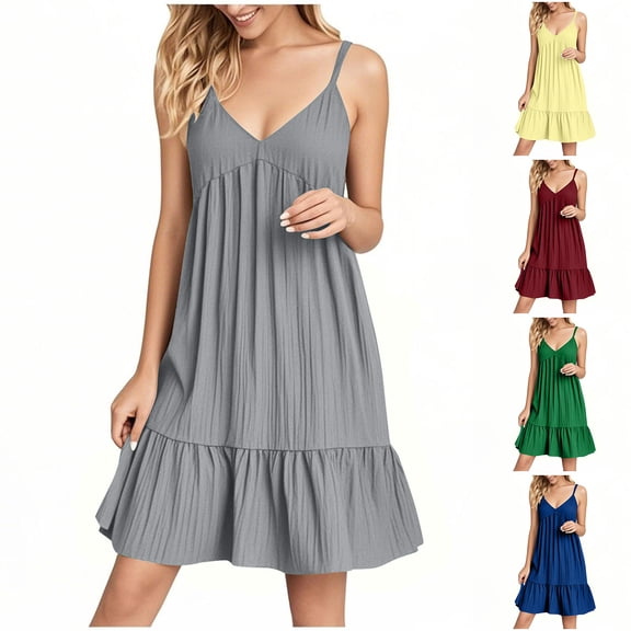 Avtoify Summer V-Neck Strap Solid Color Dresses for Women