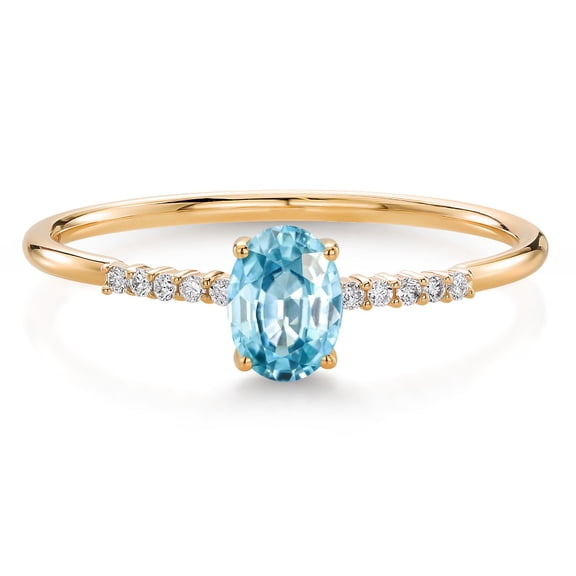 Gem Stone King 10K Yellow Gold Oval Blue Zircon and White Lab Grown Diamond Engagement Ring for Women (0.70 Cttw, Oval 6X4MM, Gemstone December Birthstone, Available in Size 5, 6, 7, 8, 9)