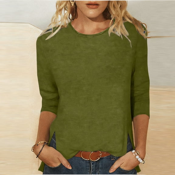 ClodeEU Womens Casual Lightweight 3/4 Sleeve Crewneck T Shirts Tops,Loose Fit Tunic Pullover Army Green,Womens Plus M