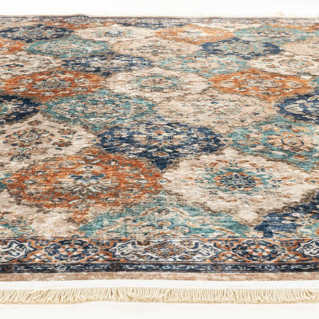 Alfa Rich 4x6 Area Rugs, Ultra-Thin Boho Blue Teal Beige Cream Rug, Non-Slip Machine Washable, Easy Clean, Pet Friendly Rugs