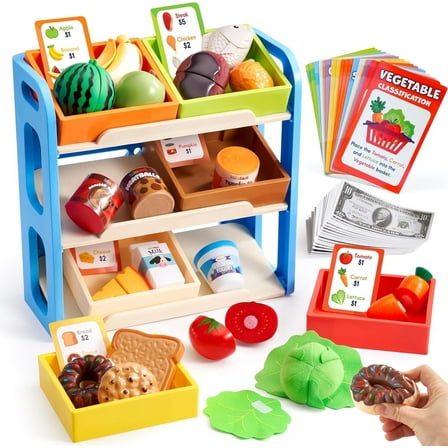 Lalalark 63 Pcs Play Food for Kids, Montessori Color Sorting Food Toy with Display Rack Grocery Store Pretend Play Kitchen Playset for Toddlers 3 