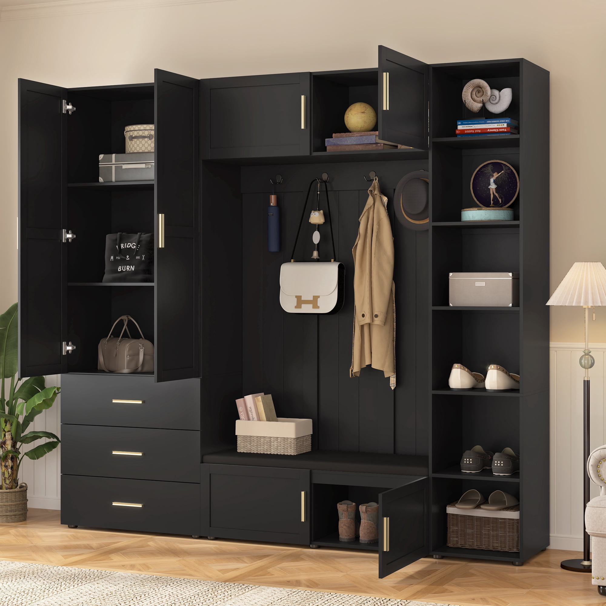 Mintazer 4‑in‑1 Hall Tree with Cushioned Shoe Bench & Hooks, Entryway Storage Organizer with Cabinets & Drawers, Adjustable Shelves for Mudroom Hallway, Black