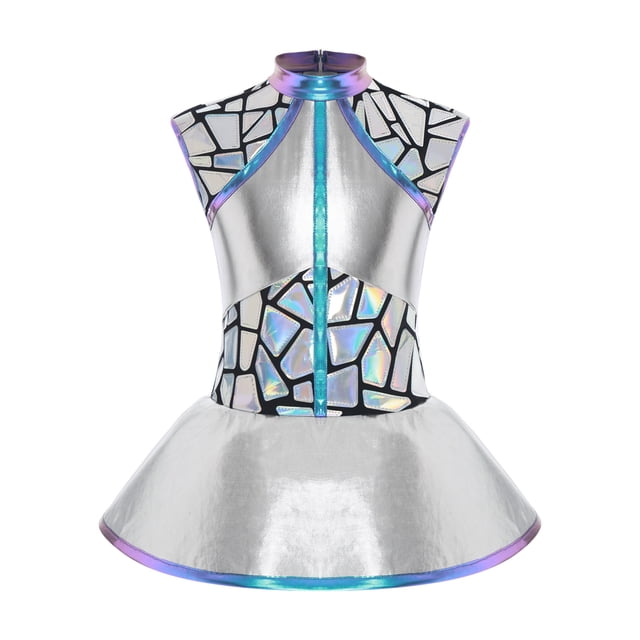 TSSOE Robe Alien pour Filles Enfants Robe de Danse Anime Mignonne Sequins Sans Manches Évasée Ligne A Cosplay Argent 16