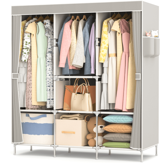 YOUPINS Clothes Closets and Dorm Storage Adult Portable 8-Shelf 2-Pockets Closet Organizer Set with Portable Closet with Cover Clothes Rack, Gray