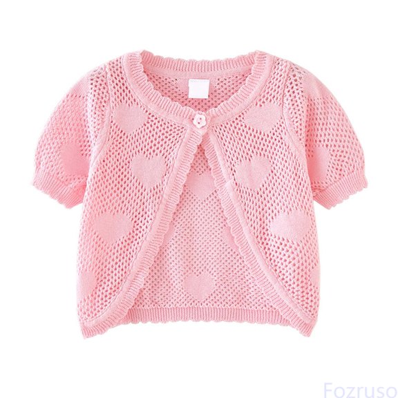Fozruso Girls' Summer Cardigans Girls Knit Cardigan Short Sleeve Summer Shirt Lightweight Open Front Top For Toddler Baby Kids,4-5 Years,Pink
