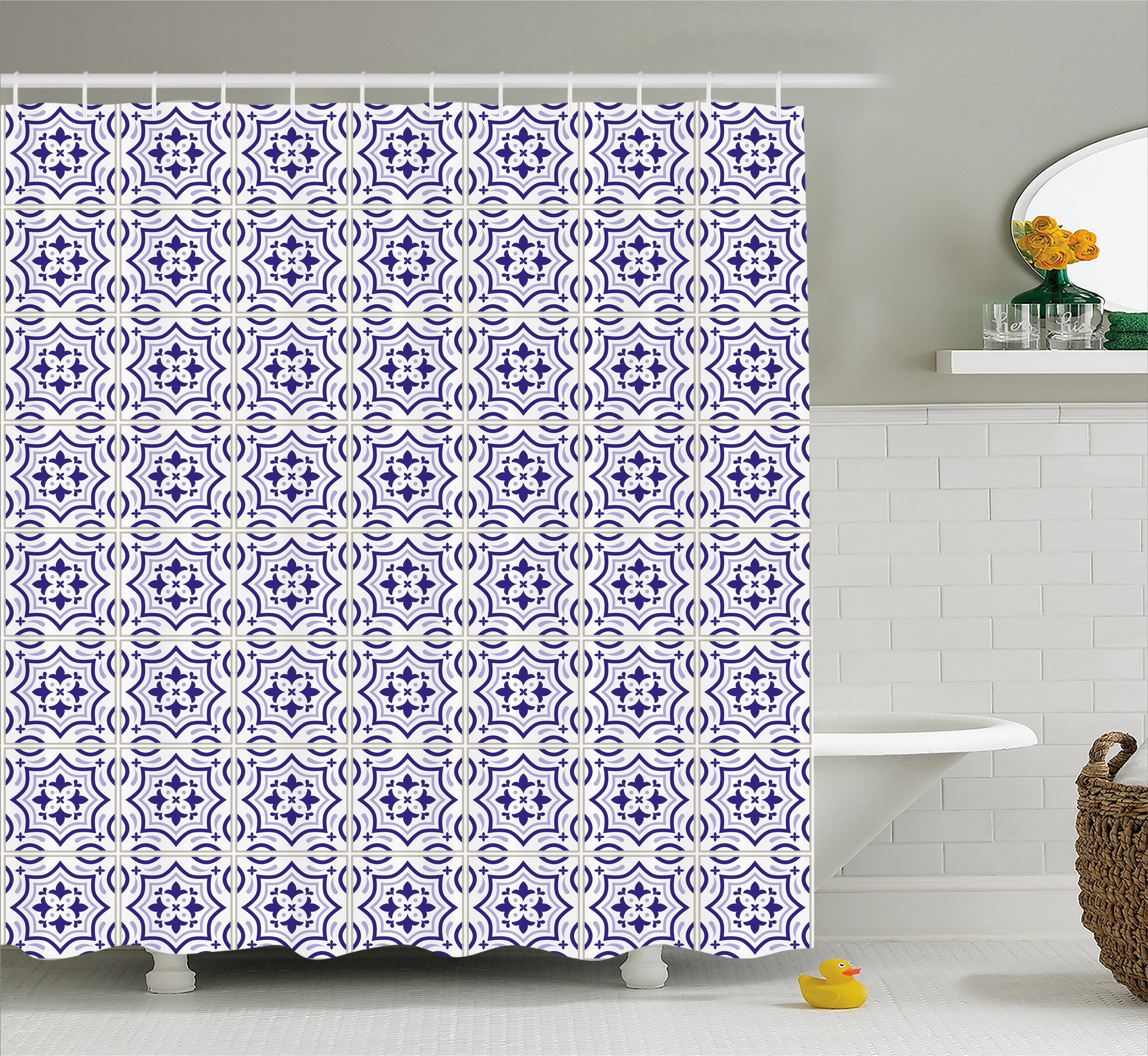 Navy Blue Shower Curtain, Portuguese Tile Design Traditional Azulejo Retro Style Mosaic, Fabric