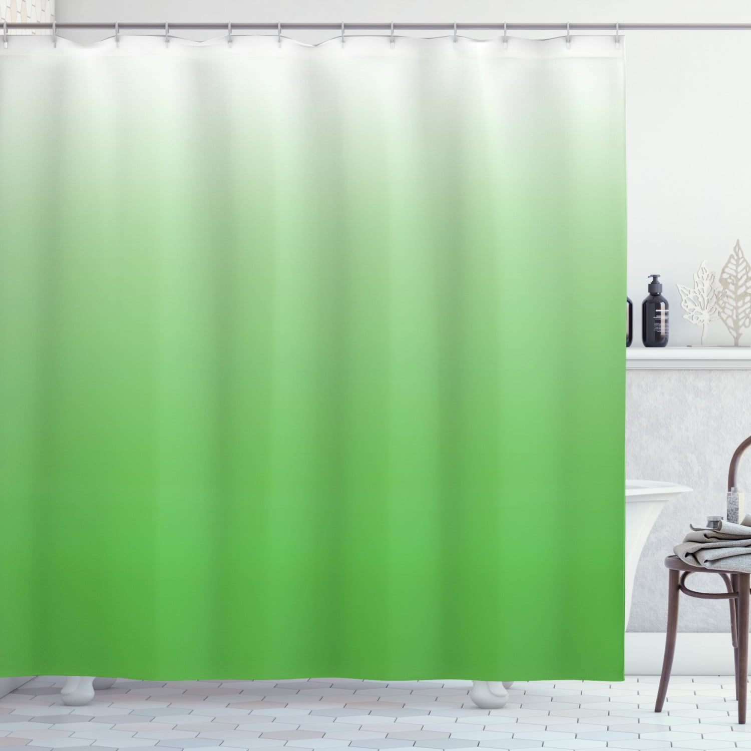 Ombre Shower Curtain, Green Grass Nature Inspired Vivid Colored Modern Design Digital Artwork, Fabric Bathroom Set with Hooks, 69W X 70L Inches, Mint White, by Ambesonne