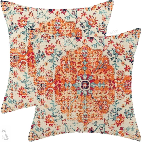 Aaekzj Boho Pillow Covers 18x18 Set of 2 Ethnic Design Decorative Throw Pillow Covers Linen Burnt Orange Blue Carpet Pattern Farmhouse Cushion Pillow Covers for Sofa Couch Outdoor Decor