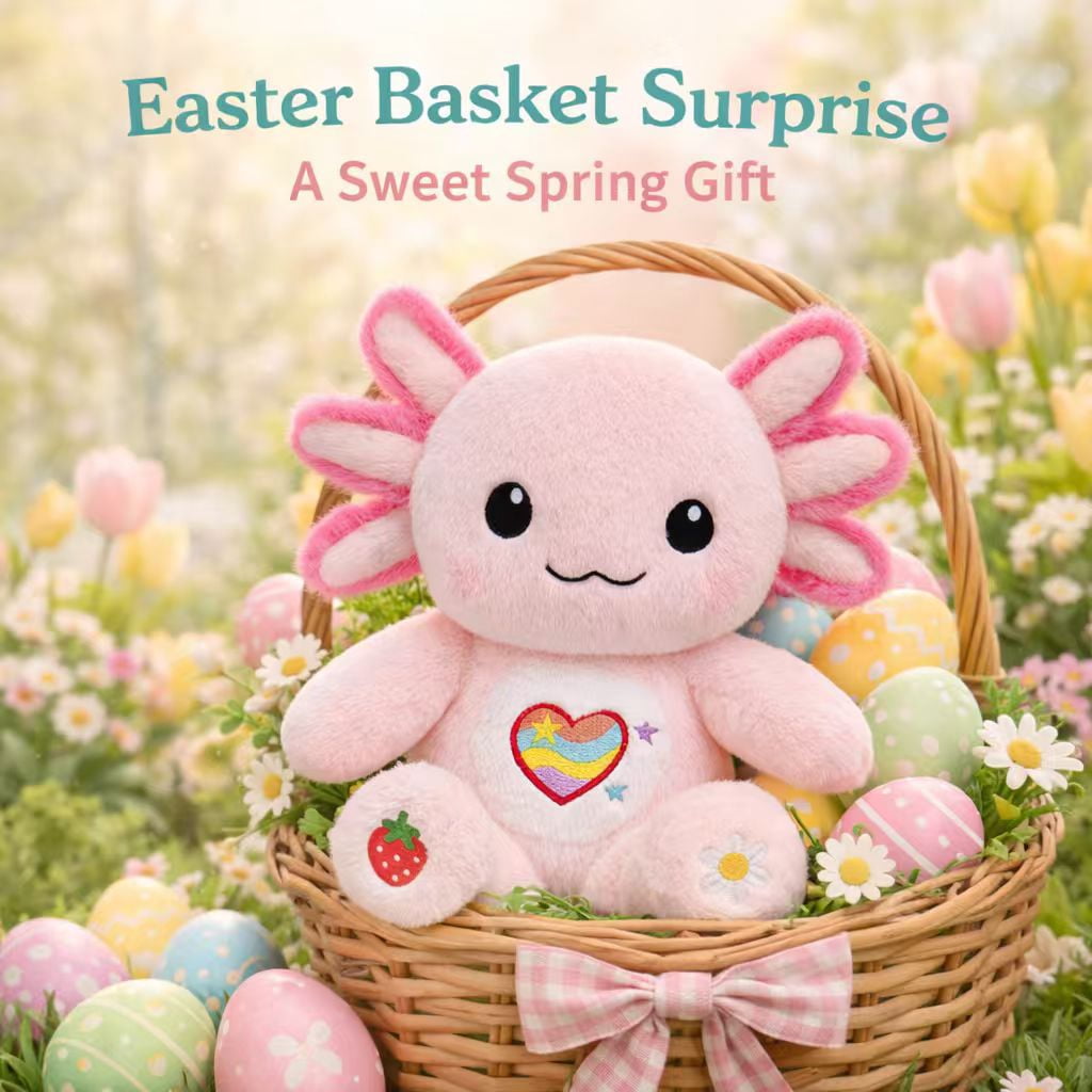 27cm/10.6in Pink Axolotl Plush Toy, Easter Plush Stuffed Animal for Kids, Soft Kawaii Gift, Cute Spring Basket Stuffer, Easter Party & Birthday Decor