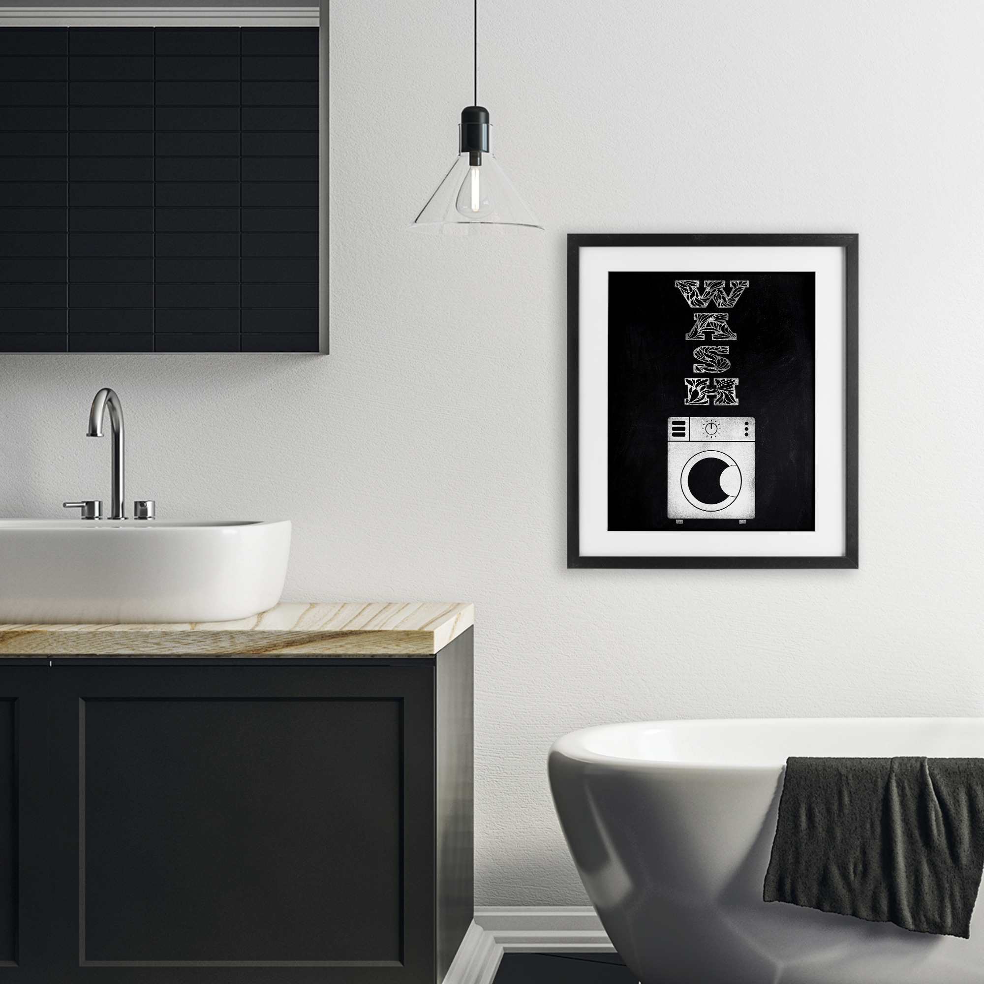 Laundry Wash Ornate Letters Black Framed Print Under Glass, design by Marcus Prime