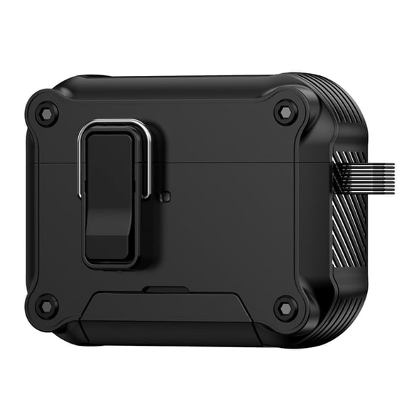 ELEHOLD For Airpods 4th Gen Earphone Case, Shockproof Safety Lock Rugged Drop Protection Case Cover with Bracket Keychain, Black
