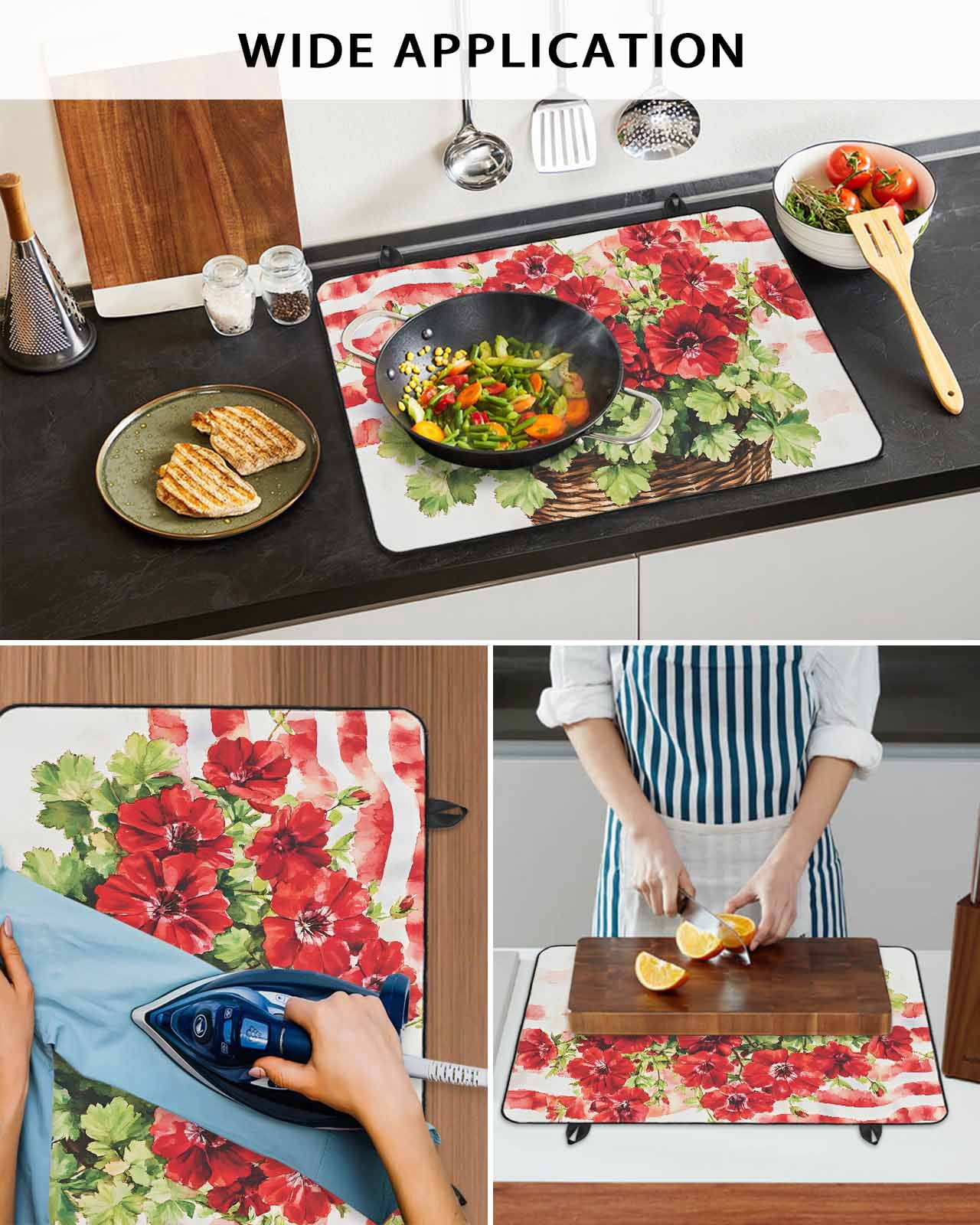 nqOlkjepod Large Induction Cooktop Protector Mat 24"x21", 4th of July Flower Stove Top Covers for Electric Stove, Vintage Red Stripe Flag Poppy Floral Stove Burner Cover Mats, Glass Top Stove Cover