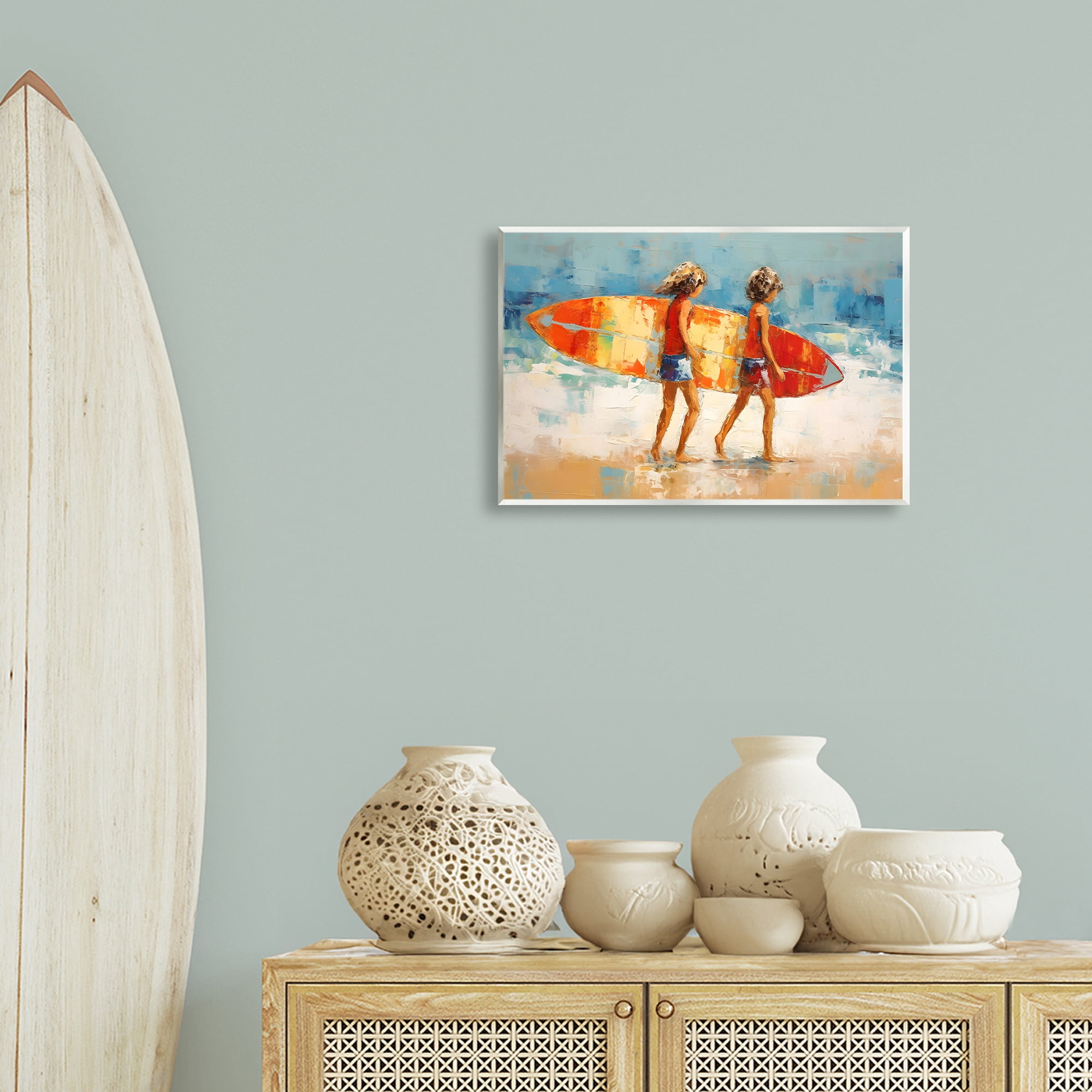Stupell Industries Kids Holding Surfboard People Painting Unframed Art Print Wall Art, 19 x 13