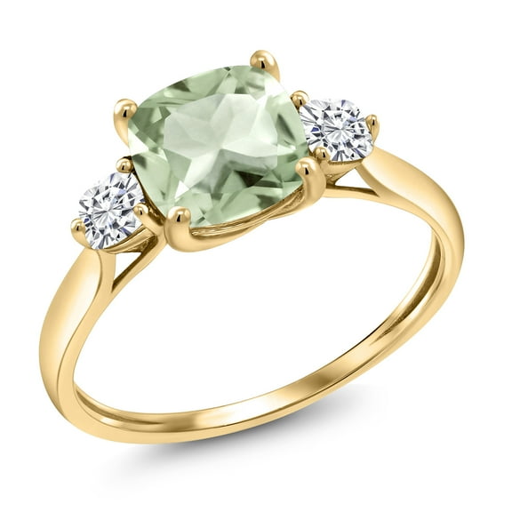 Gem Stone King 10K Yellow Gold Green Prasiolite and White Moissanite 3-Stone Engagement Ring for Women | 1.66 Cttw | Cushion 7MM | Three Stone Wedding Engagement Anniversary Ring for Women | Size 9