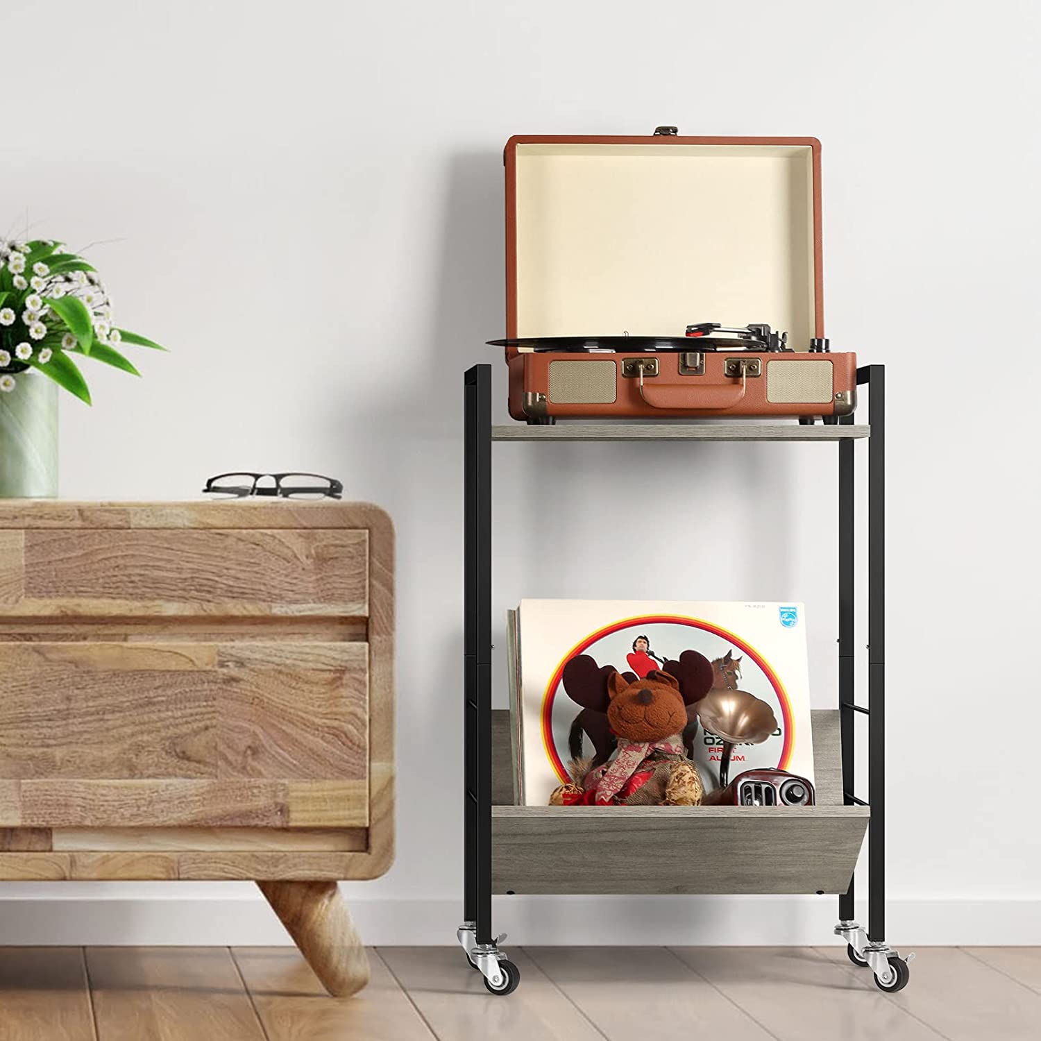 2 Tier Record Player Stand End Table with Vinyl Storage Shelf, Gray