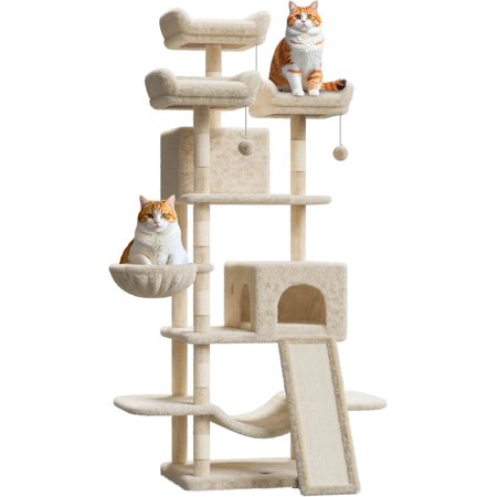 68 Inches Multi-Level Large Cat Tree for Large Kitties/Big Cat Tower with Condo/Cozy Plush Pussycat Perches/Sisal Scratching Posts and Hammocks/Activity Center/Beige