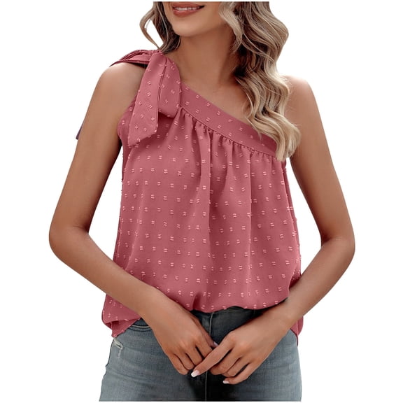 Womens Slanted One Shoulder Tops Dressy Casual Tie Bow Knot Sleeveless Flowy Chiffon Blouse Tunic Shirts Pink XL