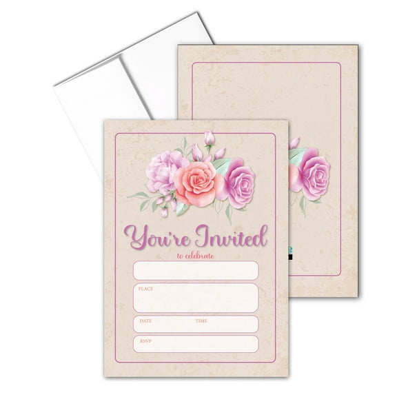 Pretty Rose Floral "Your Invited" Party Invintations - 25 Invites with Envelopes