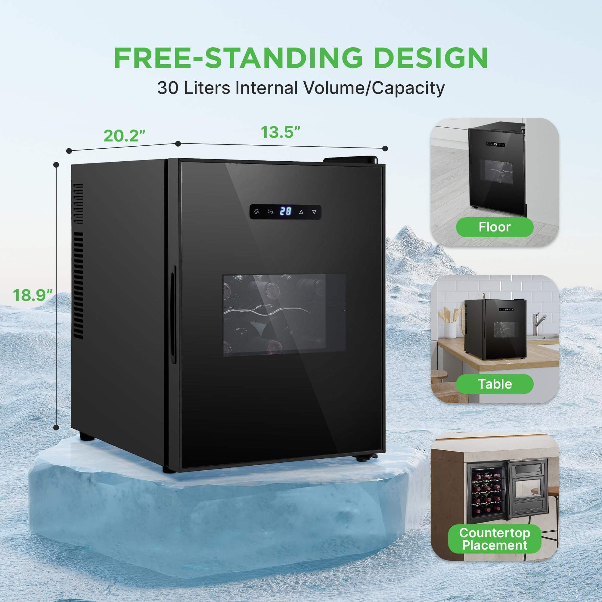 Wine Refrigerator Cellar, 12 Bottle Storage and 30 Liters Internal Capacity, Single Zone Chiller with Digital Touch Button Control, Placement for Standing Bottles and Air Tight Seal
