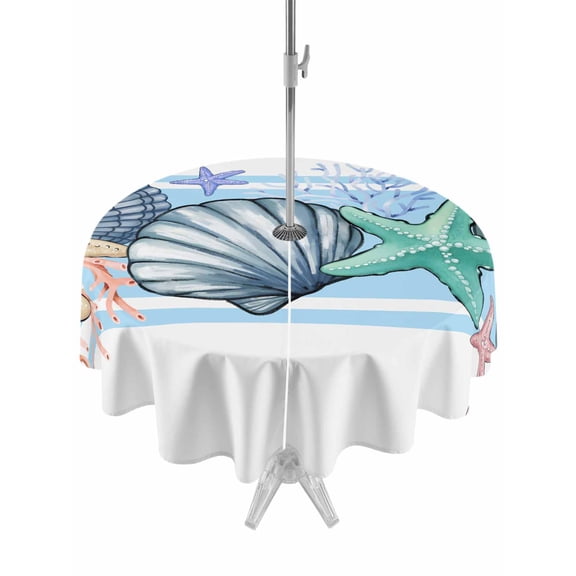 Outdoor Table Cloth with Umbrella Hole and Zipper, Blue Coastal Waterproof Round Tablecloth 60 Inch, Beach Nautical Starfish Shell Coral Washable Table Cover for Outside Party Patio Picnic