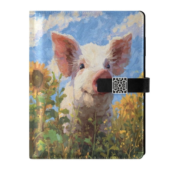 Leather Notebook with Pen Holder Writing Notepad Includes 100 Pages Lined Journal Cute Pig with Sunflower Field