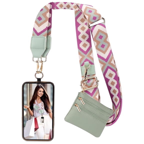Clip and Go Strap for Phone with Wallet Crossbody, Phone Strap with Zippered Wallet, Adjustable Anti Theft Cellphone Lanyard for Women, Cellphone Chain Accessories Green