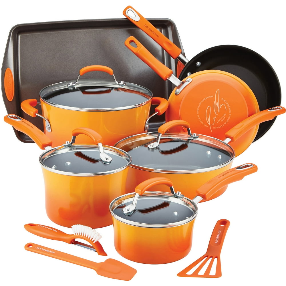 Rachael Ray Hard Enamel Nonstick 14Piece Cookware Set, Orange 14611