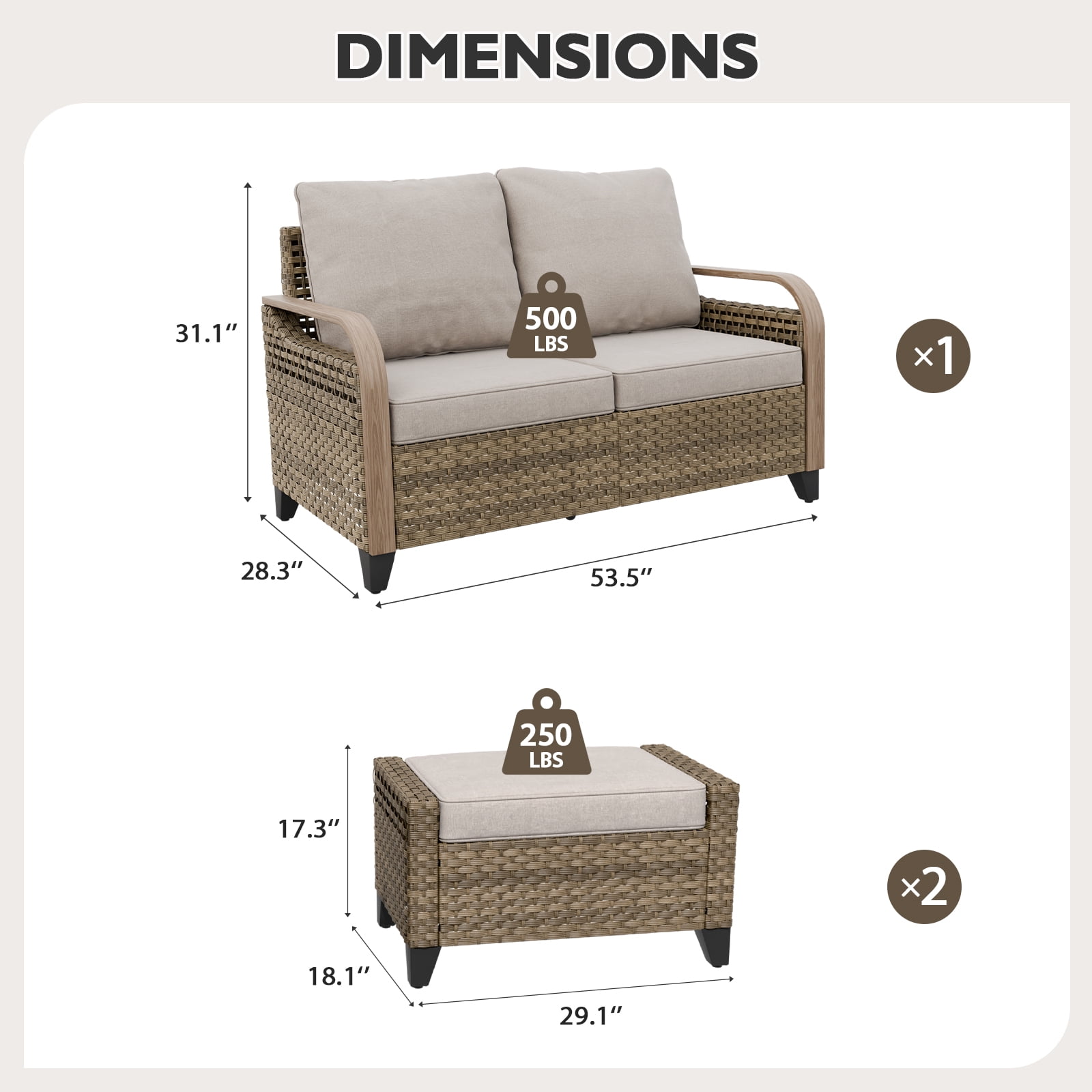 EAGLE PEAK 3 Piece Wicker Outdoor Patio Furniture Set, Patio Set with 2 Seat Loveseat Sofa, and 2 Ottomans, Brown/Beige
