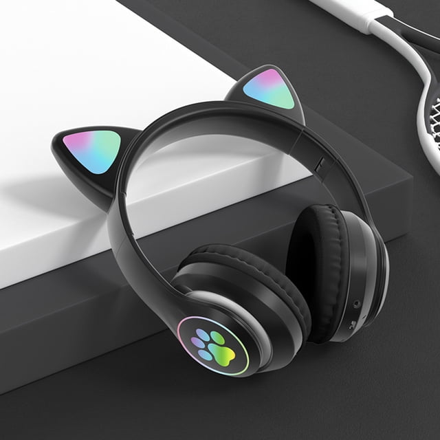 Auriculares Bluetooth para niños, Auriculares Plegables para niñas, Auriculares inalámbricos para niños con Orejas de Gato con luz LED y micrófono para la Escuela/Tableta/teléfono móvil/PC