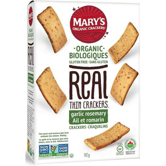 Mary's Organic - Craquelins Vrais Craquelins Minces Ail Romarin Bio, 142g