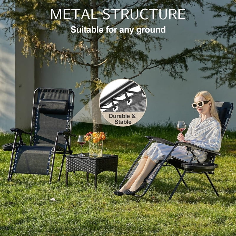 Kelno Recliner Chair 2 Pack Zero Gravity Adjustable Pillow Outdoor Portable Lounge Chair with Cup Holder Tray, Black