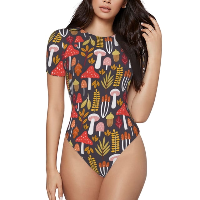 Balery Mushrooms And Leaves Body de cuello redondo de manga corta para mujer Tops de manga corta Tops básicos-XX-Large