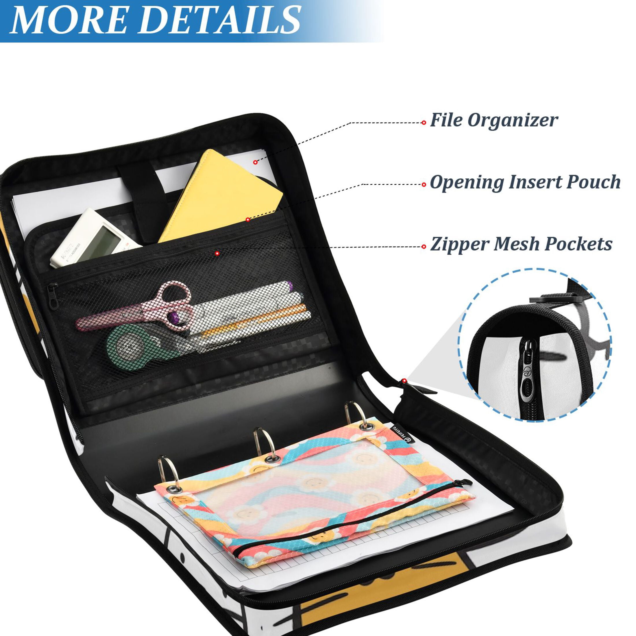 3 Ring Zipper Binder with Shoulder Strap Waterproof Trapper Keeper 2 Inch D-Ring 500 Sheets Capacity Cartoon Line Cats