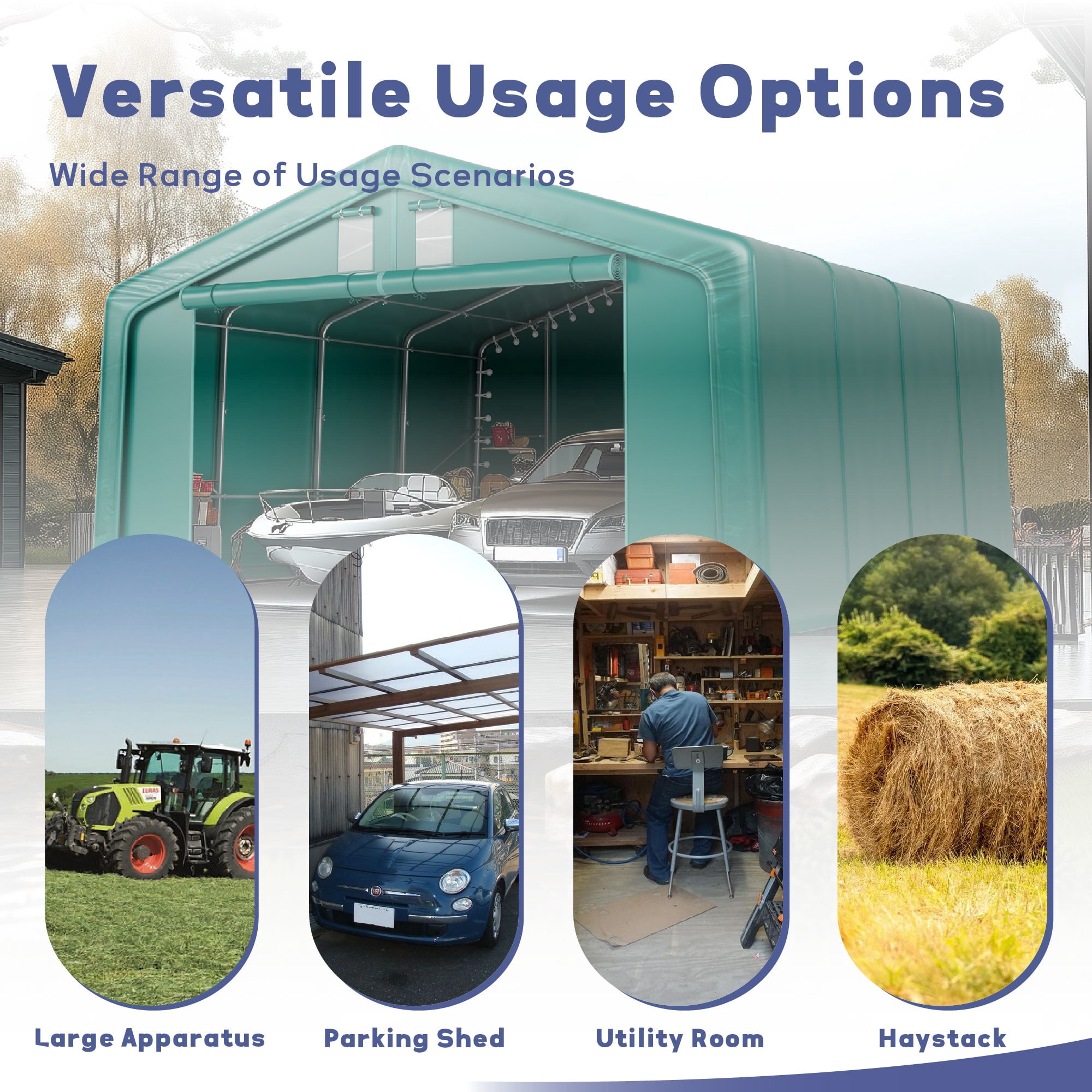 20 x 20 x 11.8 FT Outdoor Green Portable Carport with All-Weather Canopy, Multiple Use Outdoor Storage Shelter Shed