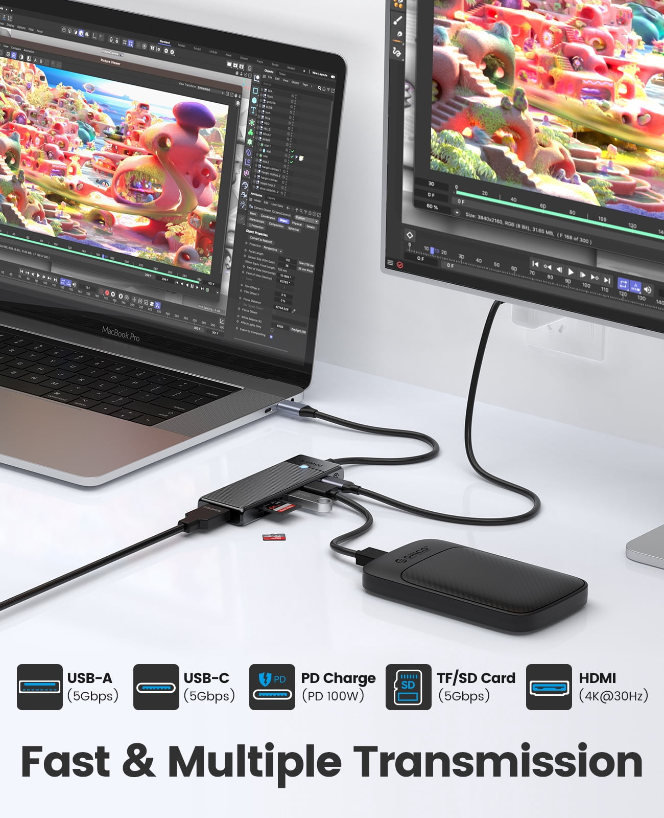 ORICO 6 IN 1 Type-C Laptop Docking Station with 4K@30HZ HDMI, PD 100W, SD/TF, USB A Port, USB C Port HUB For Windows Mac