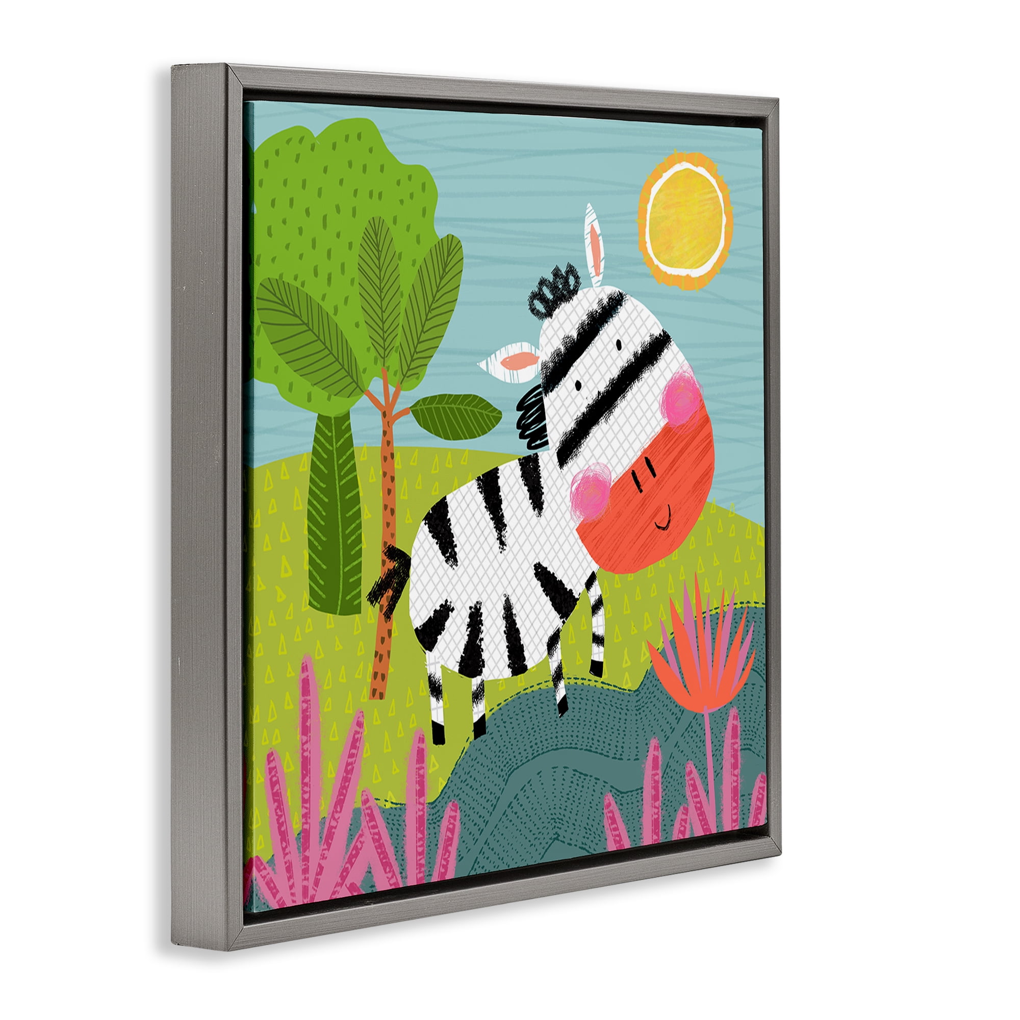 Stupell Industries Whimsical Zebra in Nature Animals Painting Gray Floater Framed Canvas Art Print Wall Art, 18 x 18