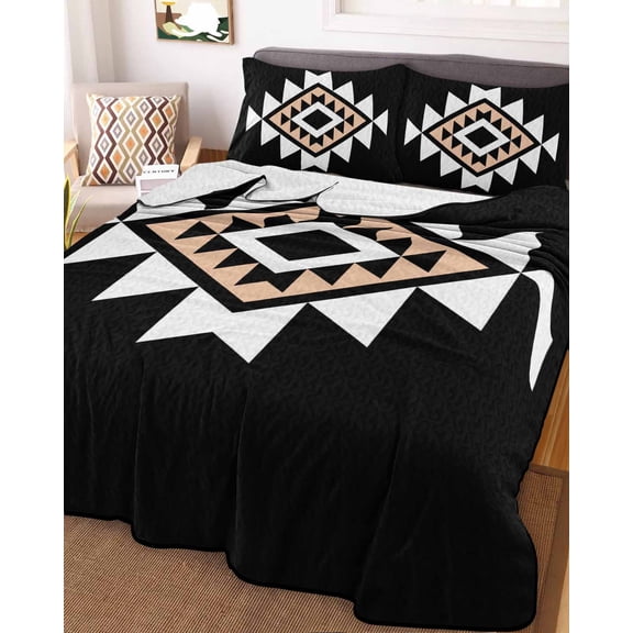 Black White Beige Boho Queen Size Down Alternative Comforter, Lightweight Comforter Quilt Bedding Set with Pillow Shams Western Geometric Aesthetic All Seasons Bed Comforter Duvet Insert 90"x96"