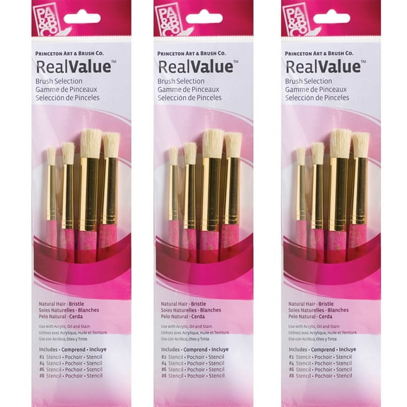 Princeton RealValue Stencil Brush Set, Natural Bristles, Short Handle Mixed Media Paintbrush, Pink, 4 Per Set, 3 Sets
