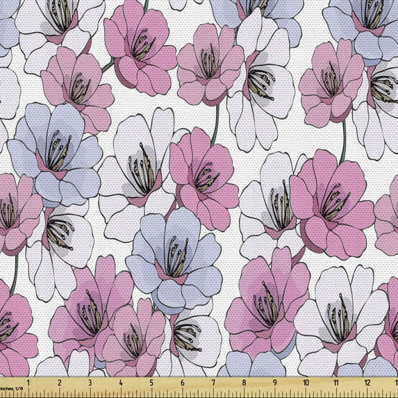 Floral Fabric by the Yard, Graphics of Camellias Gardenias on Branches, Decorative Upholstery Fabric for Sofas and Home Accents, Mauve Pale Pink White by Ambesonne