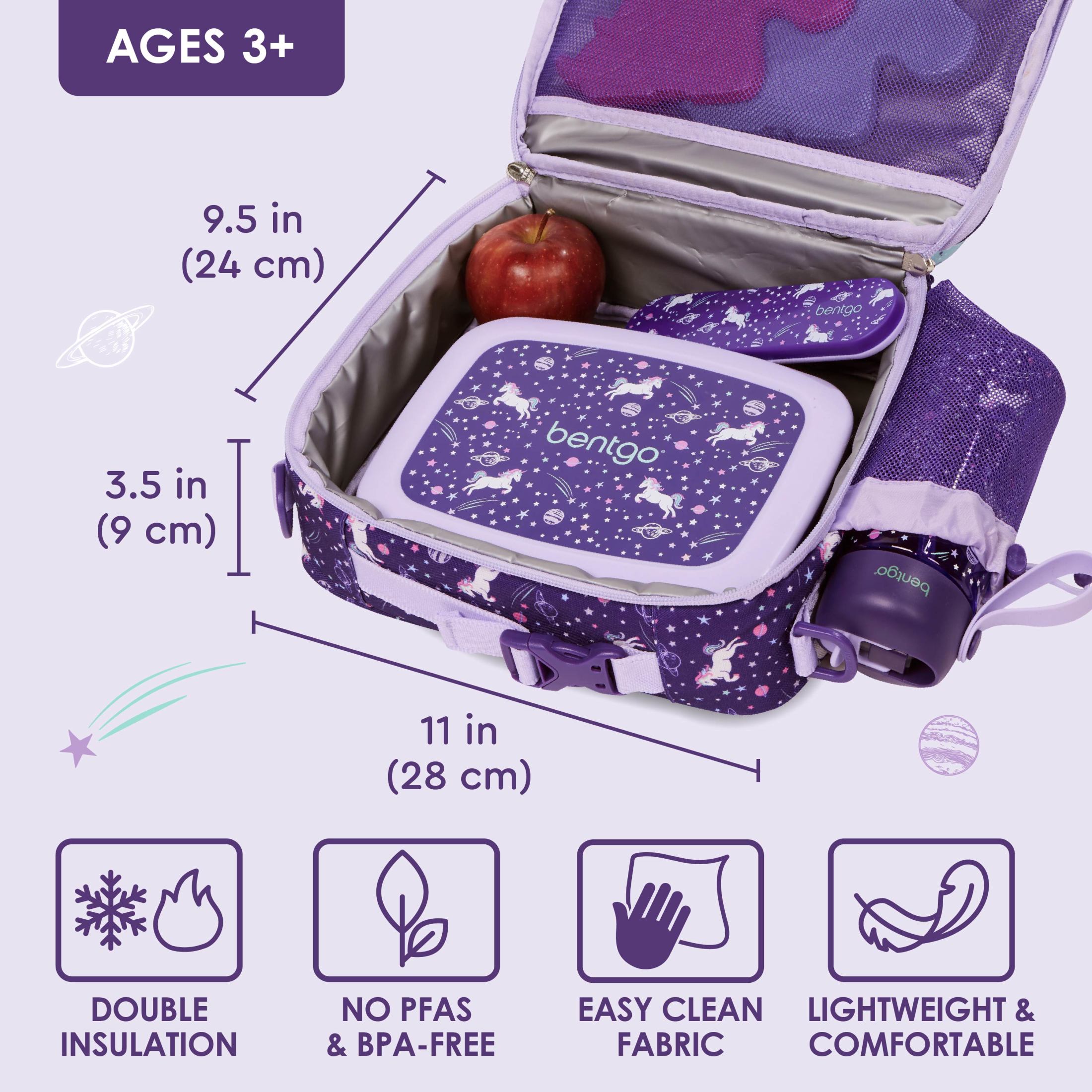 Bentgo Kids Lunch Bag - Double-Insulated, Reusable Lunch Bag for Kids 3+ with Adjustable Strap; Holds Lunch Box/Water Bottle/Snacks; Easy-Clean, Water-Resistant & Pockets (Unicorn)