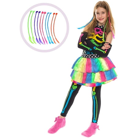 Funky Punky Bones Colorful Skeleton Deluxe Girls Costume Set with Hair Extensions for Halloween Costume Dress Up