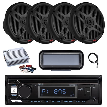 Pyle PLMRB29B2 Single DIN Marine Bluetooth MP3 Player Stereo Receiver Cover 4x 6.5 600 Watt 2-Way Marine Wireless RF Streaming Speakers Amplifier w/Kit Radio Antenna