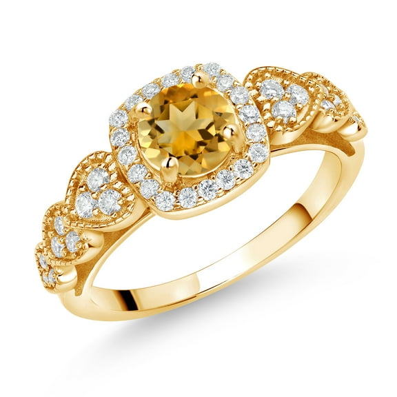 Gem Stone King 18K Yellow Gold Plated Silver Yellow Citrine and White Moissanite Engagement Ring for Women (1.18 Cttw, Round 6MM, Gemstone November Birthstone, Size 9)
