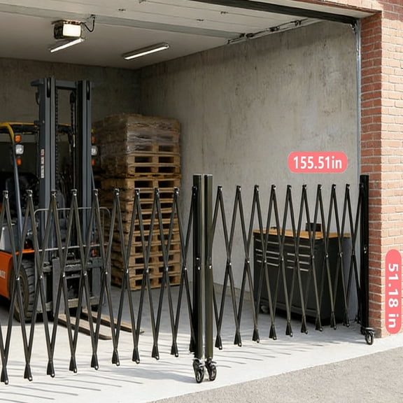Double Folding Security Retractable Fence Gate Door, 13 H x4ft W Folding Door Gate, Steel Accordion Driveway Gate, Flexible Expanding Aluminum Gate, 360° Rolling Barricade Gate, Scissor Gate