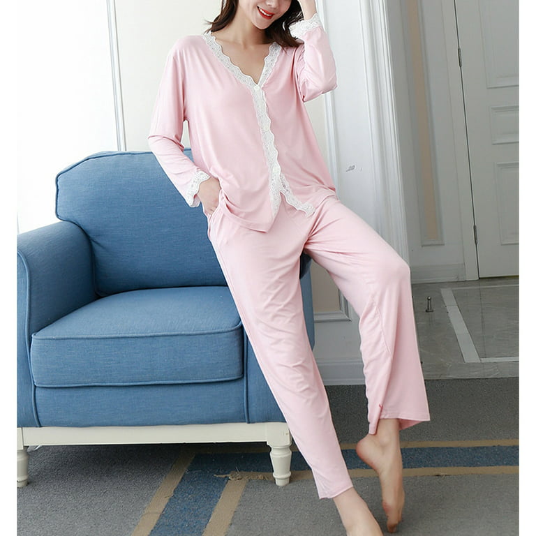 Phenas Womens Modal Pajamas Set Lace V Neck Long Sleeve Sleepwear Button  Down Nightwear with Long Pants