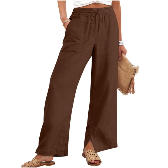 Cotton Linen Pants Women Summer Baggy Drawstring High Waisted Wide Leg Trousers Flowy Beach Lounge Pants with Pockets Coffee M