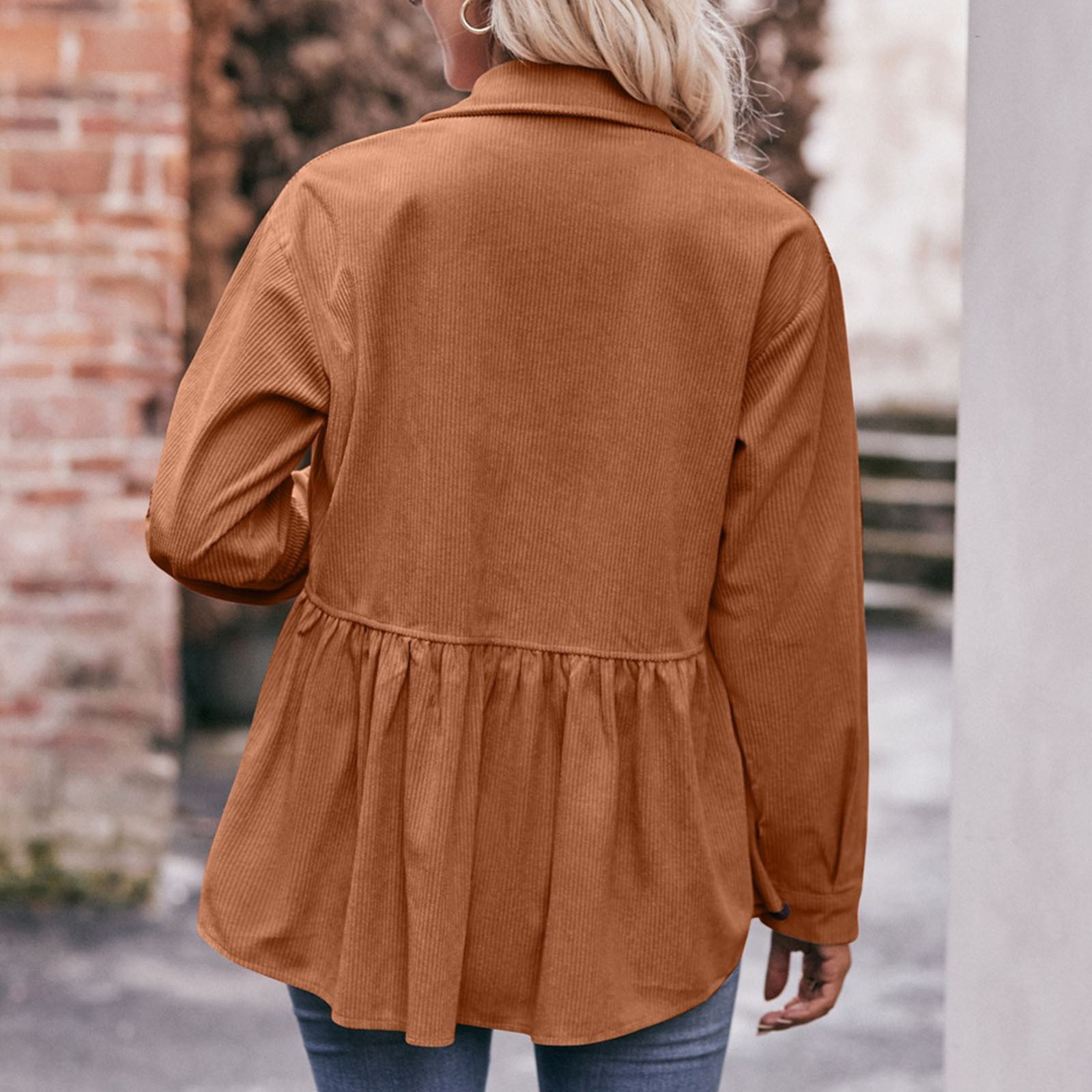 Women Corduroy Peplum Shacket Jacket Long Sleeve Button Down Babydoll Shirts Oversized Casual Collared Blouses Tops Brown L