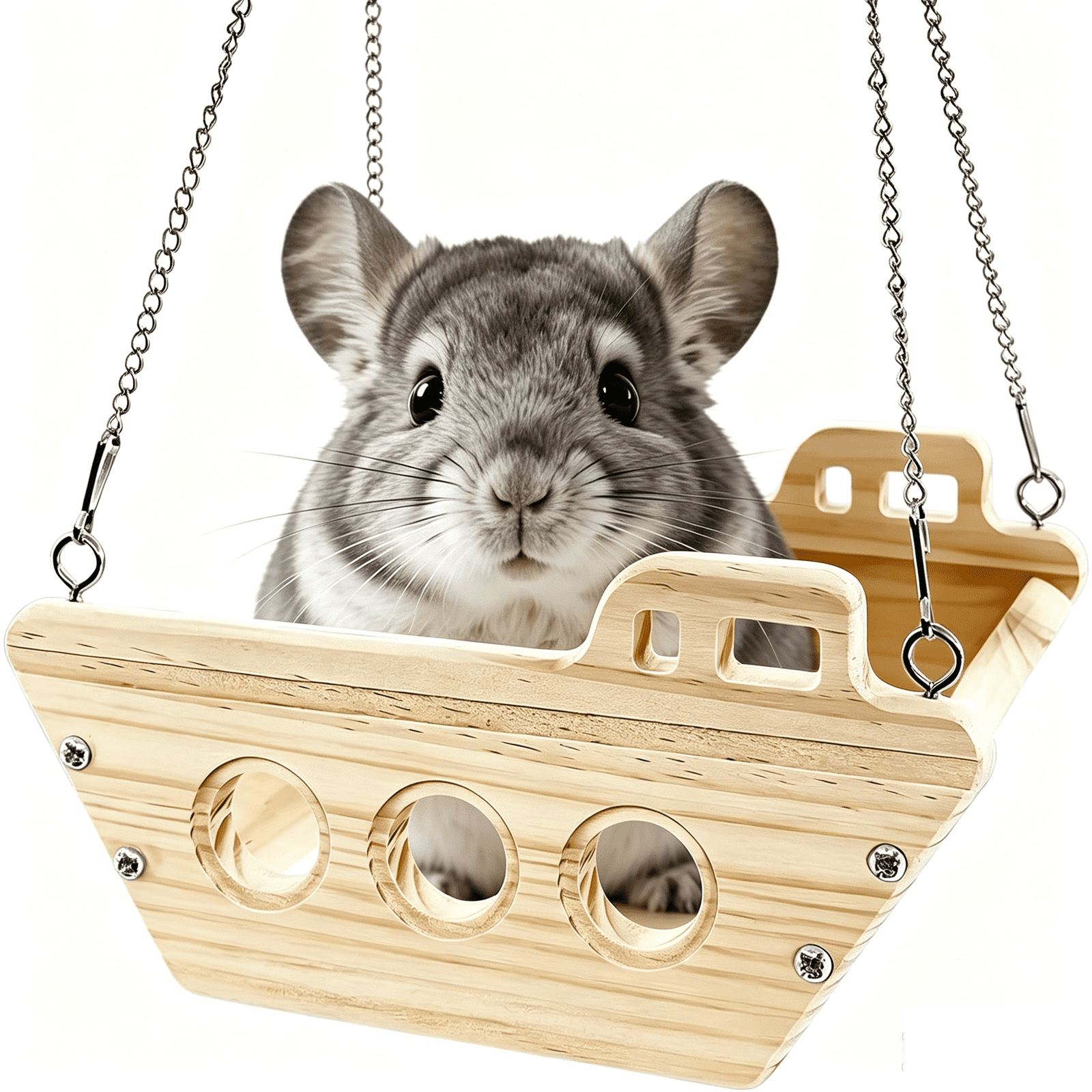 Natural Wood Chinchilla Toy Hammock Swing, Hanging Chinchilla Bed, Wooden Cage Accessories, Hut Ledges Resting Platform for Small Pet Indoor Habitat Enrichment