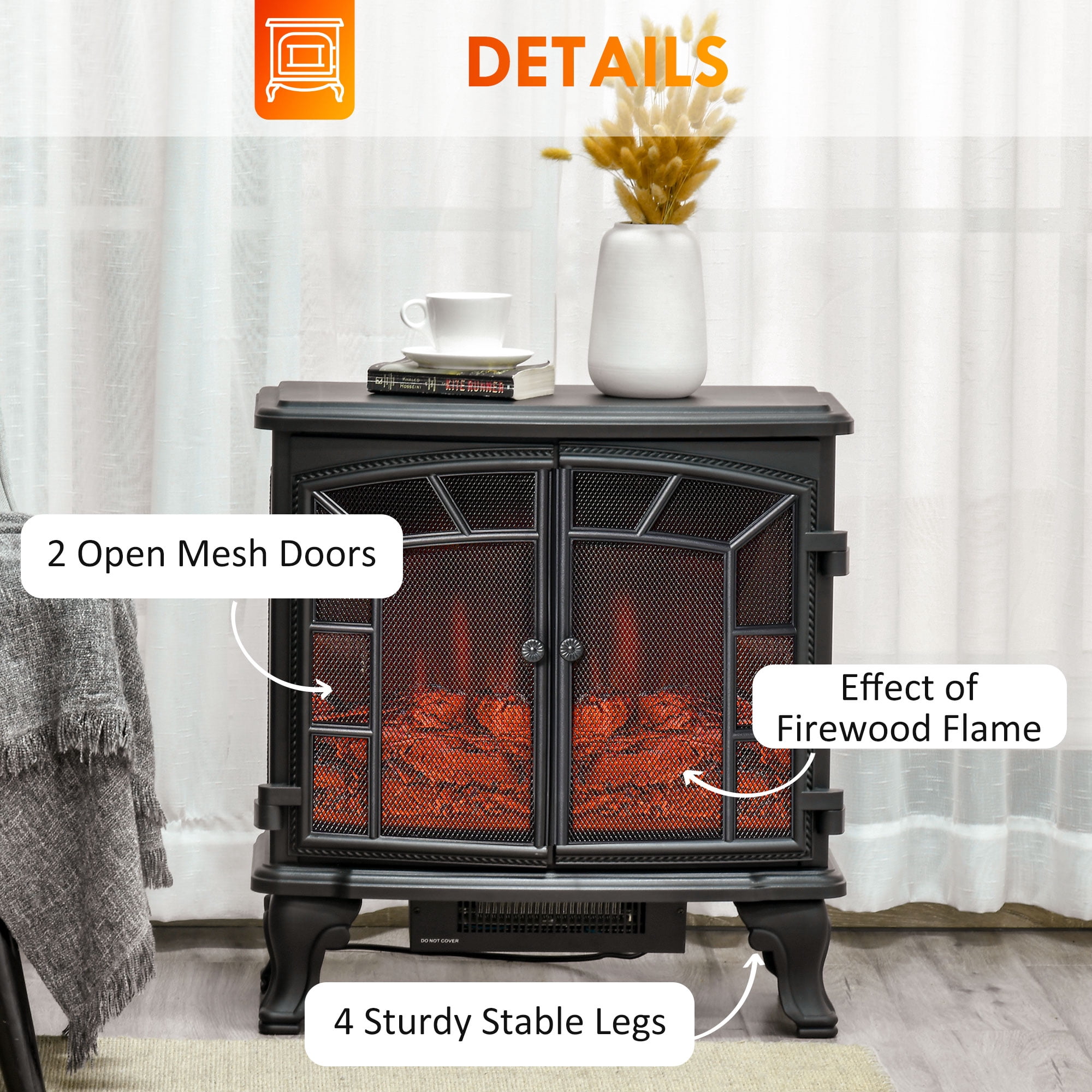 25" Electric Fireplace, Black ABS 750W/1500W 161-215 sq.ft UL/CUL Certified, Tempered Glass Adjustable Brightness Remote Control 8H Timer Overheat Protection